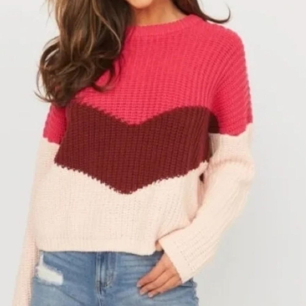 Guess Colorblock Sweater Womens XS Pink Burgundy Chevron Chunky Knit Boho